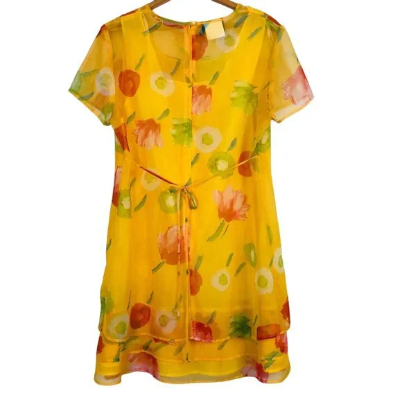 Vtg Byer Studio Women's Sheer Dress Size 14 Floral Print Yellow 3-Tiered Hem - Picture 2 of 12